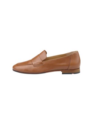Brown leather loafer with a sleek design, flat sole, and minimal detailing. Features a stitched seam and a subtle accent heel.
