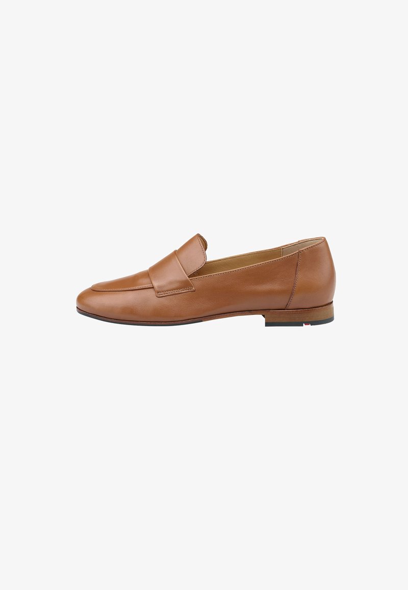 Rudos odinės loaferi tipo bateliai su elegantišku dizainu, plokščiu padu ir minimaliais akcentais. Yra siūlių siuvinėta vieta ir subtilus kulnas.