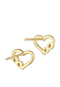 Goldene, herzförmige Ohrringe mit einem Unendlichkeitssymbol-Design; glatte Textur mit polierter Oberfläche; Stecker-Verschluss.