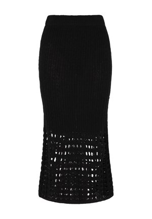 Black knitted skirt featuring a fitted top half with a textured rib pattern and a lower section with an openwork design and scalloped hem.