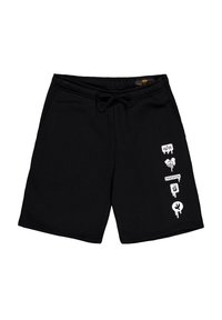 Sorte bomuldsshorts med snoreliv, prydet med hvide grafiske ikoner og ordet "FREEDOM" trykt på venstre ben.