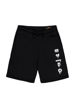 Shorts negri din bumbac cu talie ajustabilă, având icoane grafice albe și cuvântul "LIBERTATE" imprimate pe piciorul stâng.