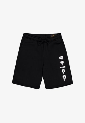 Mustad musta puuvillased lühikesed püksid, millel on kummipaelaga vöökoht, ja vasakul jalal valgete graafiliste ikonide ning sõna "VABADUS" trükk.