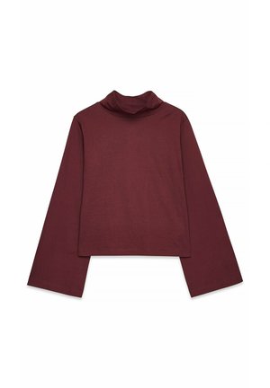 Burgundijas krāsas īsās piedurknes turtlenecks augstā apkaklītē, izgatavots no mīksta auduma, ar plašām piedurknēm, bez jebkādiem rakstiem vai akcentiem.