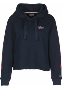Felpa cropped blu navy in cotone, con cappuccio regolabile, logo ricamato e dettagli a stella rossa lungo le maniche.