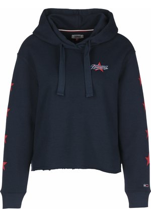 Felpa cropped blu navy in cotone, con cappuccio regolabile, logo ricamato e dettagli a stella rossa lungo le maniche.