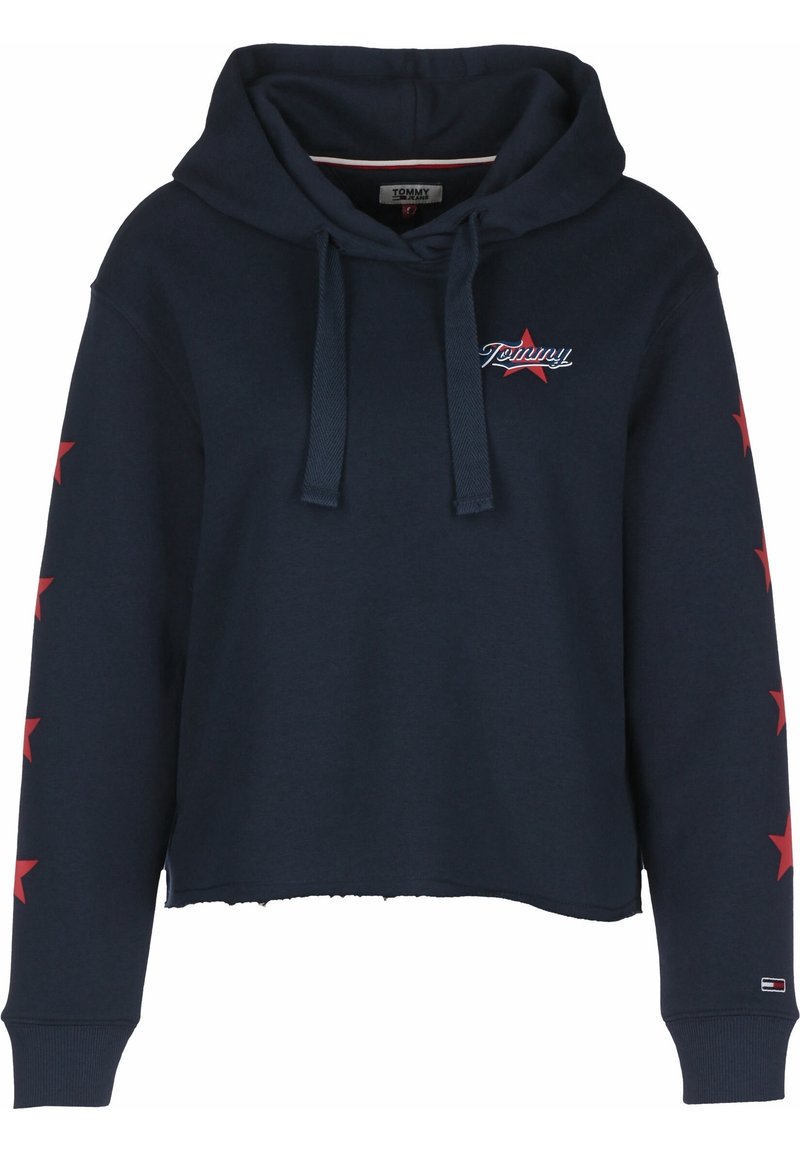 Felpa cropped blu navy in cotone, con cappuccio regolabile, logo ricamato e dettagli a stella rossa lungo le maniche.