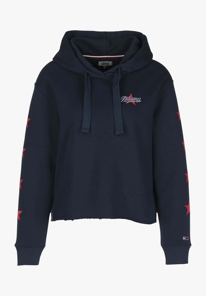 Sudadera corta azul marino de algodón, con capucha ajustable, logo bordado y acentos rojos en las mangas.