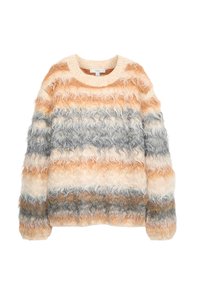 Sweter z długim rękawem z puszystym splotem, w faliste paski w odcieniach beżu, pomarańczy, szarości i bieli, z okrągłym dekoltem.