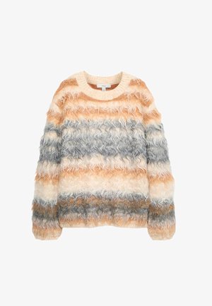 Maglione a maniche lunghe in maglia fuzzy con righe ondulate nei toni beige, arancione, grigio e bianco, caratterizzato da un collo rotondo.