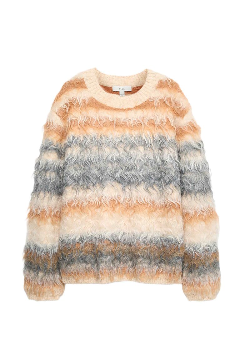 Sweter z długim rękawem z puszystym splotem, w faliste paski w odcieniach beżu, pomarańczy, szarości i bieli, z okrągłym dekoltem.