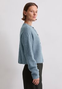 Hellblauer, strukturierter Cardigan mit rundem Ausschnitt, langen Ärmeln und schwarzen Knöpfen, getragen über einem schwarzen Unterteil.