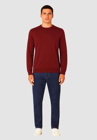 Maglione bordeaux a girocollo realizzato in un tessuto morbido, abbinato a jeans blu e sneakers bianche. Design minimalista con un piccolo logo sul petto.