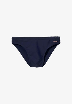 Marineblaue Badehose aus glattem, elastischem Stoff. Sie zeichnet sich durch ein niedrig geschnittenes Design und dezente Markenkennzeichnung am Bund aus.
