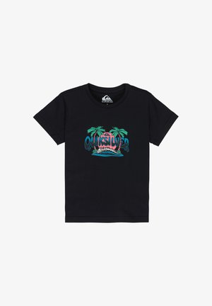 Czarny krótki rękaw t-shirt z kolorowym logo Quiksilver przedstawiającym dwie palmy, różowe słońce i niebieską falę oceanu umieszczone w centrum na przodzie.