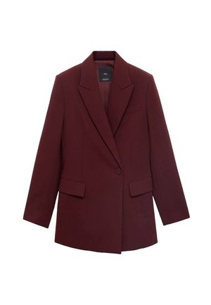 Blazer bordeaux realizzato in tessuto strutturato, con rever a punta, due tasche frontali e chiusura a un bottone. Maniche lunghe.