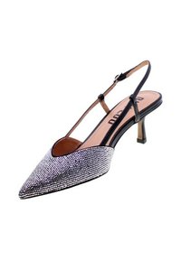 Scarpa con tacco alto slingback con punta affusolata, materiale nero, rivestita di strass, con una sottile cinghia e tacco basso.