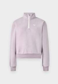 Lavender fleece pullover with half-zip front, high collar, ribbed cuffs and hem, and small white logo on chest, laid flat on white background.