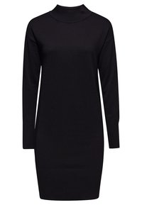 Robe en tricot noir avec un col montant, des manches longues et une texture côtelée aux poignets et à l'ourlet. Silhouette slim et ajustée avec des détails sur les côtés.