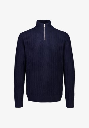 Pullover blu navy a maglia a treccia con maniche lunghe e colletto e polsini a coste con zip a un quarto, mostrato su uno sfondo bianco.