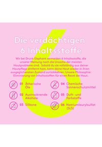 Bright pink background with large bold text. Yellow circular accents outline six ingredient categories, each marked with a prohibition symbol.