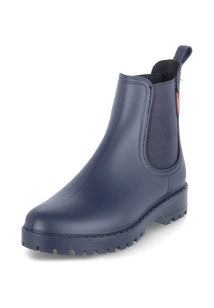 Granatowy gumowy but za kostkę z elastyczną boczną wkładką i pętelką do ściągania, wyposażony w grubą, bieżnikowaną podeszwę dla lepszej przyczepności.