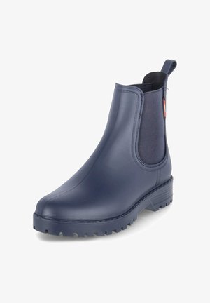 Marineblauer knöchelhoher Gummistiefel mit elastischem Seiteneinsatz und Zuglasche, mit einer dicken profilierten Sohle für guten Grip.