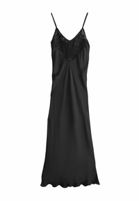 Fekete selyem hálóing állítható p�ántokkal, csipkebetétes dekoltázzsal, sima, laza kialakítással és hullámos szegéllyel.