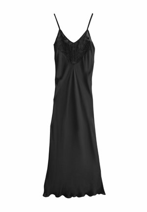 Black satin nightgown with adjustable spaghetti straps, lace trim at the neckline, and a smooth, flowing design with a scalloped hem.
