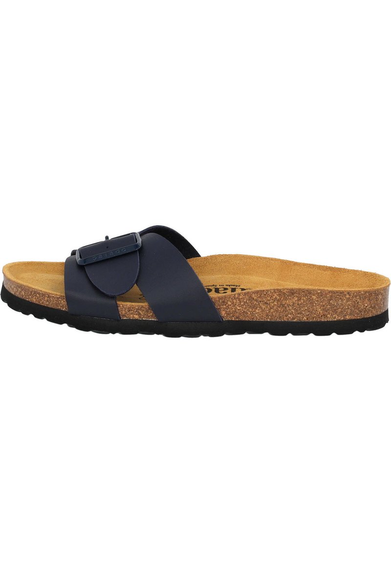 Infradito blu navy con plantare in sughero, dotate di due cinturini e una fibbia. Suola in gomma per aderenza e durata.