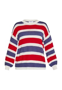 Strickpullover mit horizontalen Streifen in Rot, Weiß und Marineblau, Rundhalsauschnitt und langen Ärmeln. Aus strukturiertem Material gefertigt.