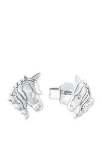 Orecchini argentati a forma di unicorno con una criniera testurizzata e un piccolo cristallo come accento per l'occhio. Design semplice con chiusura a farfallina.