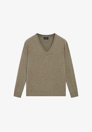 Olive green v-neck sweater with long sleeves, ribbed cuffs and hem, made from a soft knit material, featuring a smooth texture and minimal detailing.