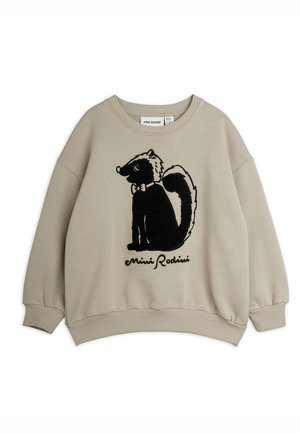 Beige børnesweatshirt med en sort stankelben iført butterfly og teksten "Mini Rodini" på fronten.
