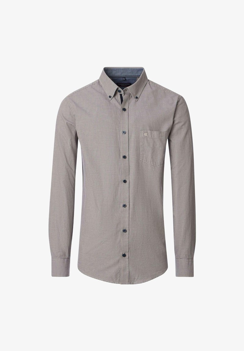 Men's long-sleeve button-up shirt with small check pattern, button-down collar, chest pocket, and dark buttons.
