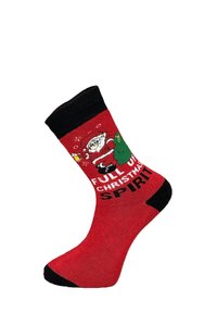 Rote Socken mit schwarzen Akzenten zeigen eine Grafik von Santa, den Text "VOLLER WEIHNACHTSSTIMMUNG" und einen dekorativen grünen Weihnachtsbaum.