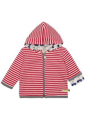 Rot-weiße gestreifte Kleinkinder-Hoodie mit grauem Besatz, durchgehendem Reißverschluss und gemusterter Innenseite der Kapuze, die blaue Ameisen auf hellem Hintergrund zeigt.