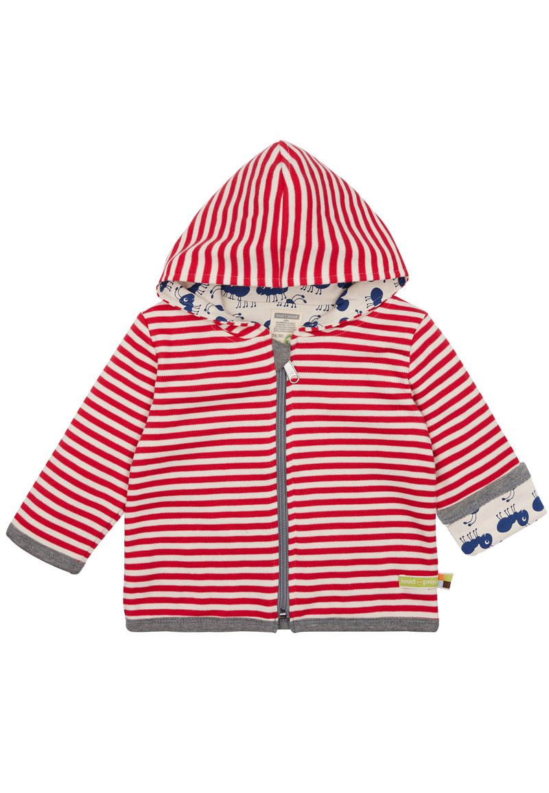 Hoodie per bambino a righe rosse e bianche con bordi grigi, cerniera completa e cappuccio interno decorato con formiche blu su uno sfondo chiaro.