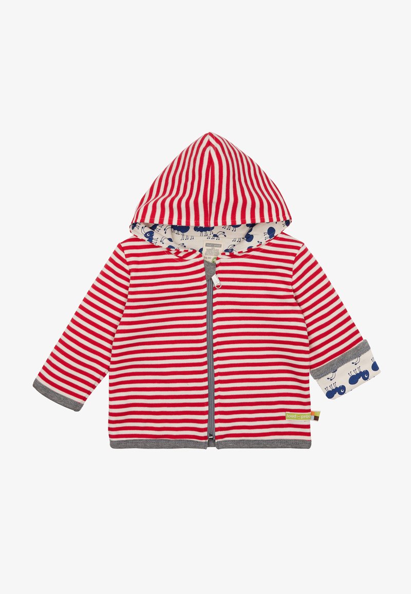 Hoodie per bambino a righe rosse e bianche con bordi grigi, cerniera completa e cappuccio interno decorato con formiche blu su uno sfondo chiaro.