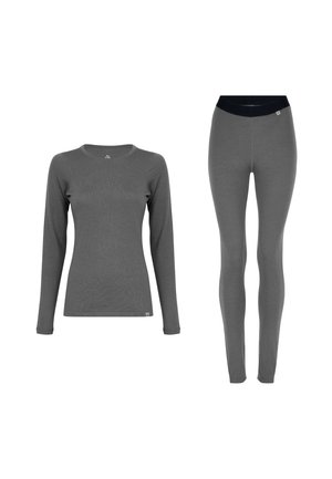 Top grigio a maniche lunghe con scollo rotondo e design aderente abbinato a leggings aderenti coordinati. Entrambi gli articoli hanno una texture liscia.