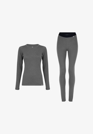 Top grigio a maniche lunghe con scollo rotondo e design aderente abbinato a leggings aderenti coordinati. Entrambi gli articoli hanno una texture liscia.
