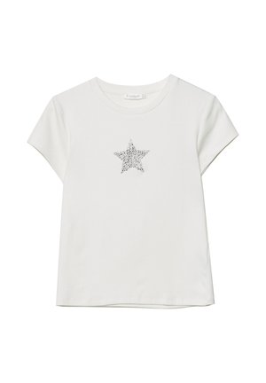 Vit kortärmad T-shirt i bomull med en design av silverglittrande stjärna på framsidan. Mjuk textur med avspänt snitt.