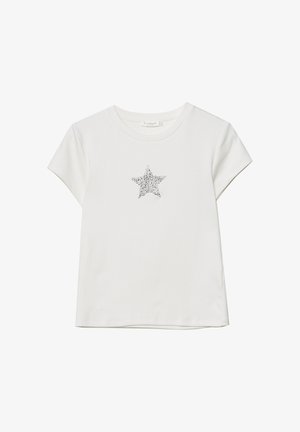 Hvid kortærmet T-shirt lavet af bomuld, med et sølvfarvet rhinestone stjernedesign på fronten. Blød tekstur med en afslappet pasform.