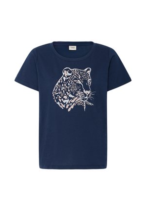 Tamsiai mėlynas trumpomis rankovėmis marškinėlis su detalia grafinė leopardo galvos atvaizdu šviesiomis ir tamsiomis spalvomis priekyje.