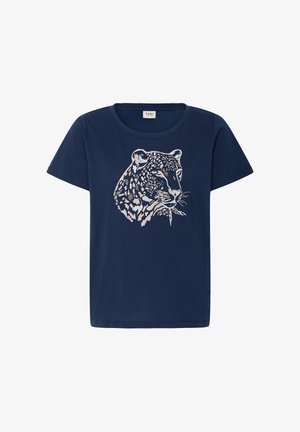 Tamsiai mėlynas trumpomis rankovėmis marškinėlis su detalia grafinė leopardo galvos atvaizdu šviesiomis ir tamsiomis spalvomis priekyje.