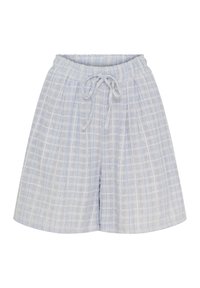 Lyseblå ternede shorts med elastisk talje, snorelukning og blød, struktureret stof. Har en afslappet pasform.