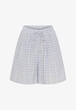Lyseblå ternede shorts med elastisk talje, snorelukning og blød, struktureret stof. Har en afslappet pasform.