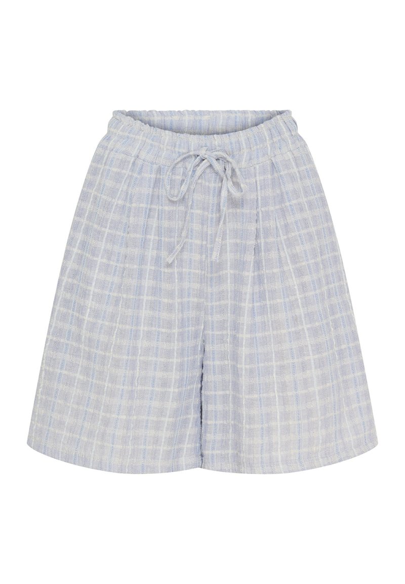 Lyseblå ternede shorts med elastisk talje, snorelukning og blød, struktureret stof. Har en afslappet pasform.