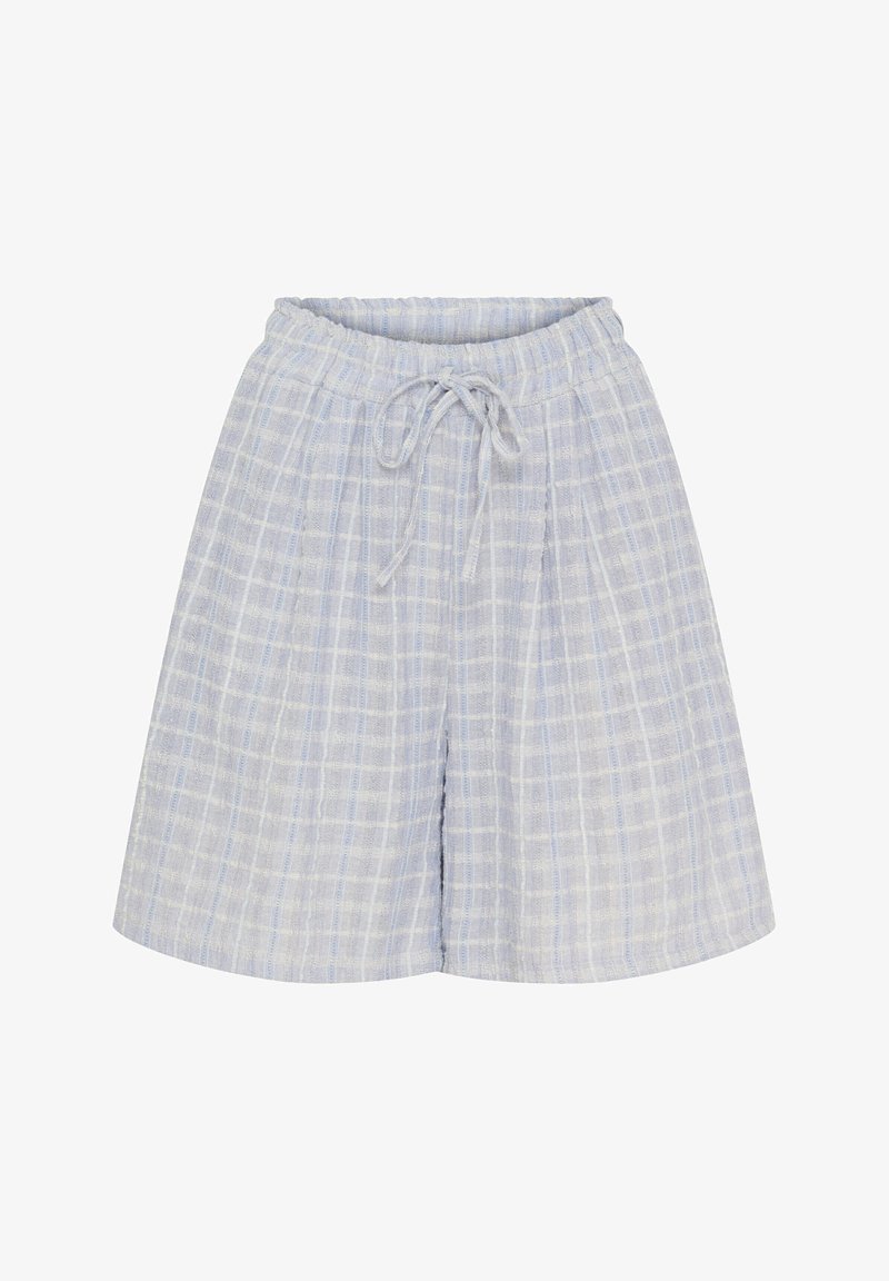 Lyseblå ternede shorts med elastisk talje, snorelukning og blød, struktureret stof. Har en afslappet pasform.
