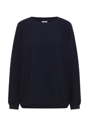 Top de manga larga azul marino con tela texturizada, cuello redondo y puños fruncidos. El dobladillo es ligeramente más largo en la parte trasera.